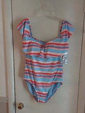 Time and Tru Multi Striped Ruffle One Piece Bathing Suit Sz Large 12-14